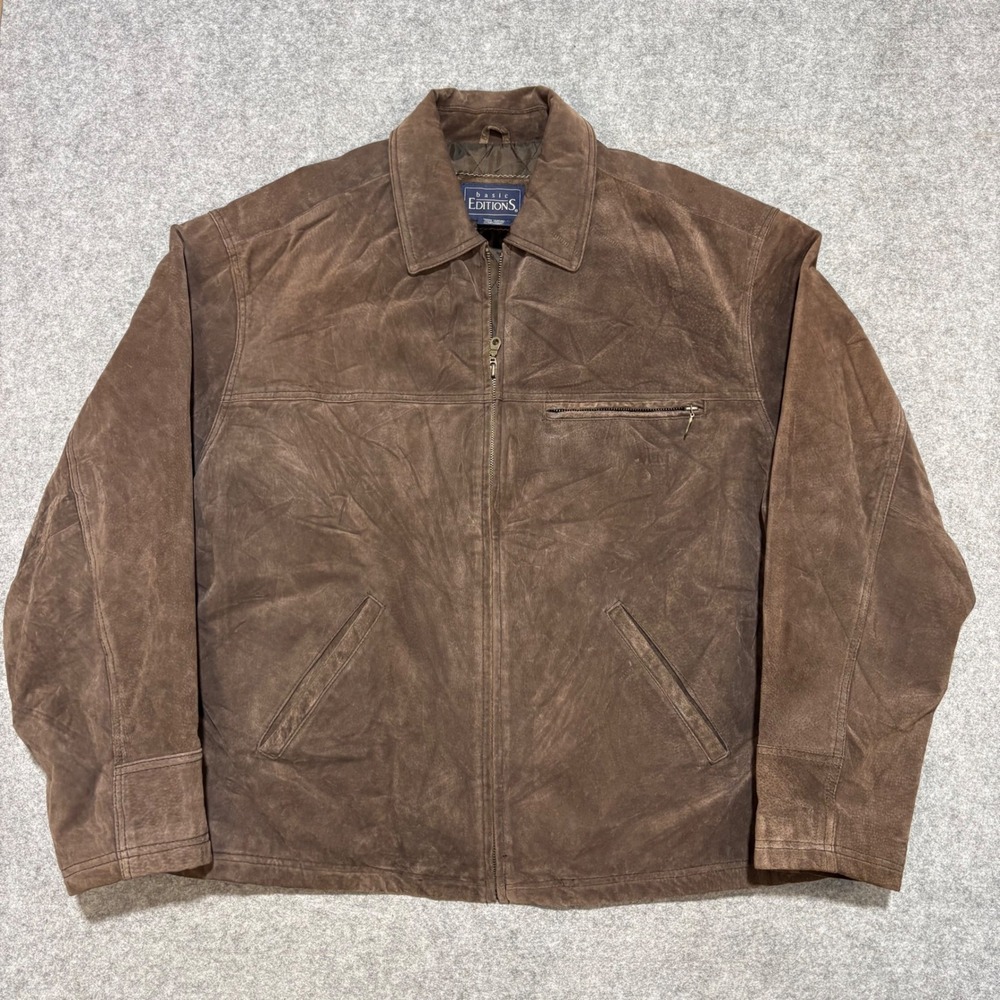Basic Editions Mens XL Brown Genuine Suede Leather Zip Up Jacket Quilted Lined